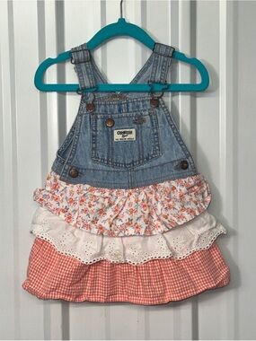 OshKosh B’Gosh Vestbak Ruffle Overall Dress Cottagecore Prairie Denim Baby Girl